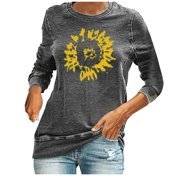 Women Sunflower Sweatshirt Funny Flower Graphic Shirts Floral Pullover Long Sleeve Top Crew Neck Casual Loose Clothes (Gray 3XL)