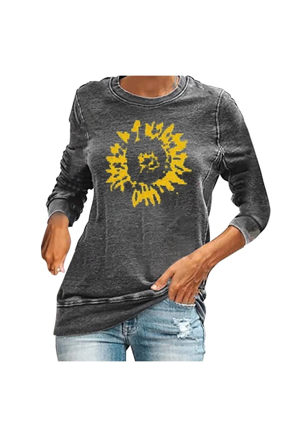 Women Sunflower Sweatshirt Funny Flower Graphic Shirts Floral Pullover Long Sleeve Top Crew Neck Casual Loose Clothes (Gray L)