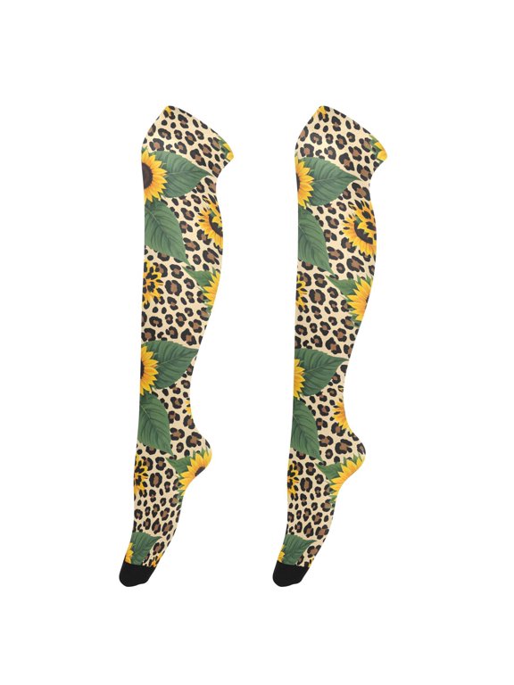 Women Sunflower in Leopard Pattern Over Knee Thigh High Socks