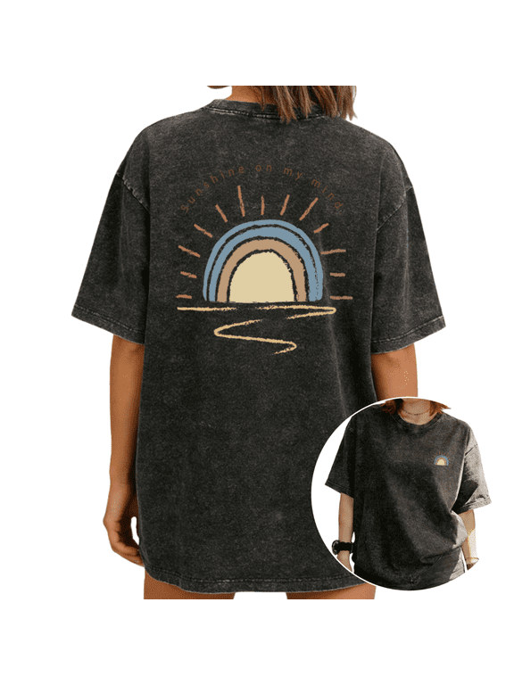 Women Sunshine On My Mind Boho Rainbow Sunset Multicolor Graphic Tees T Shirt Tops Round Neck Cotton Washed T Shirt Black S-2XL Plus Size