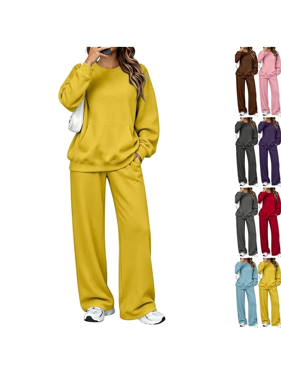 Women Sweat Sets 2 Piece Outfits | Lounge Sweatsuits, Outfit for Travel Airport, Crew Neck Sweatshirt Barrel Pant Set, Loose Fall Sweatsuits, Lightweight Sweat Suit Yellow L
