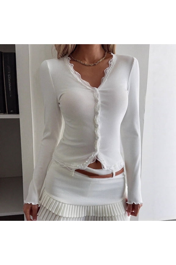 Women Sweater Cardigan Button Down V Neck Long Sleeve Lace Patchwork Casual Comfy Stylish Slim Tunic Jackets (L, White)