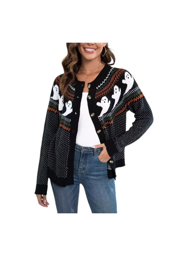 Women Sweater Coat Crew Neck Long Sleeve Ghost Pattern Halloween Knitted Cardigan Single Breasted Sweater Cardigan