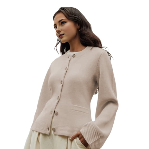 Women Sweater Coat Round Neck Long Sleeve Single Breasted Knitting Tops Solid Color Slim Fit Ribbed Trim Knitwear with Pockets
