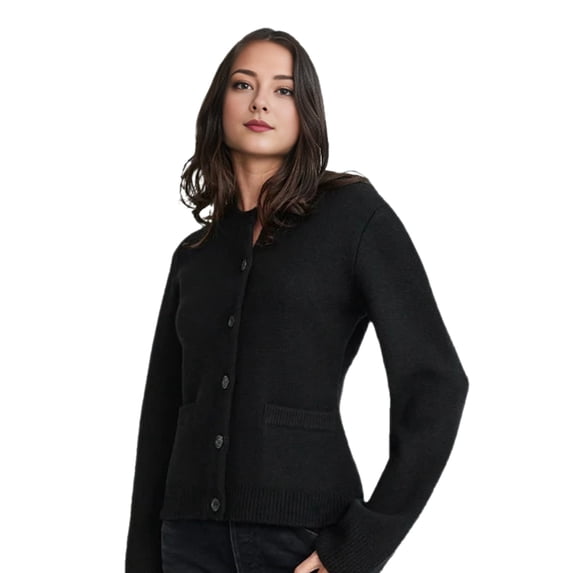 Women Sweater Coat Round Neck Long Sleeve Single Breasted Knitting Tops Solid Color Slim Fit Ribbed Trim Knitwear with Pockets