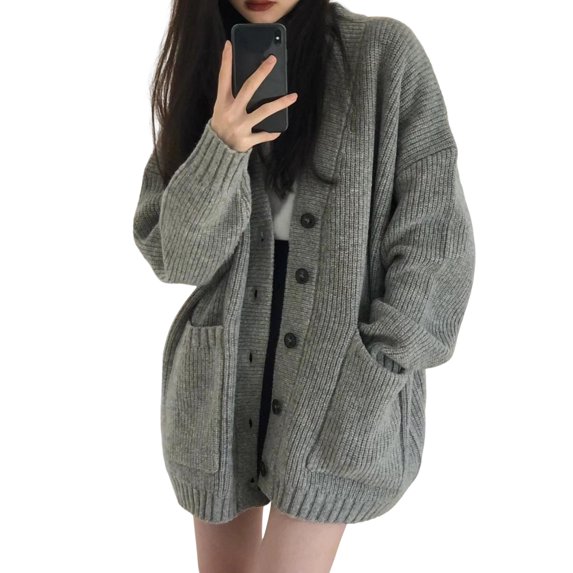 Women Sweater Coat V-Neck Long Sleeve Solid Color Knitting Coat with Large Pockets Mid-Length Loose Fit Sweater Cardigan