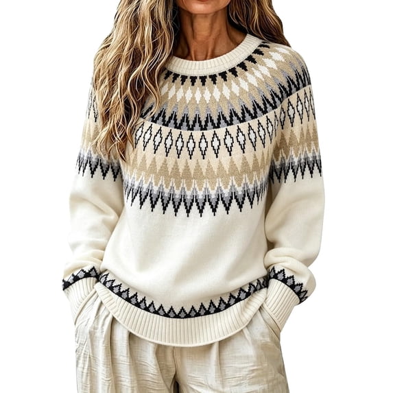 Women Sweater Color Block Casual Relaxed Long Sleeve Tops Fall Winter Round Neck Pullover Blouse Daily Wear