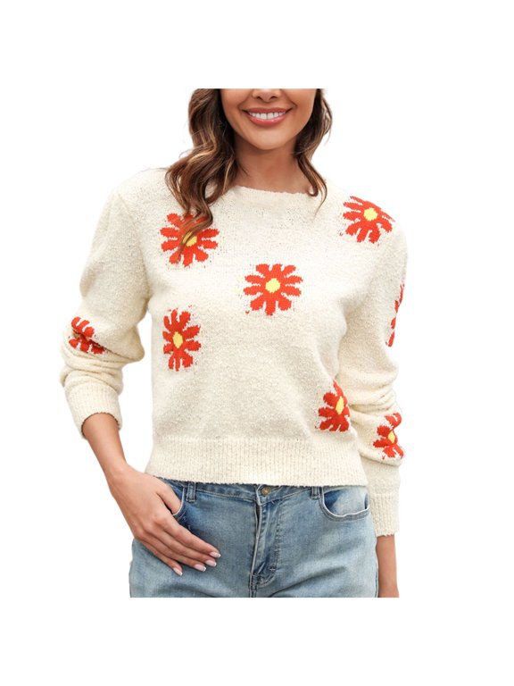 Women Sweater Daisy Print Crew Neck Long Sleeve Knitted Pullover Casual Cute Floral Sweatshirt for Spring Fall Winter M