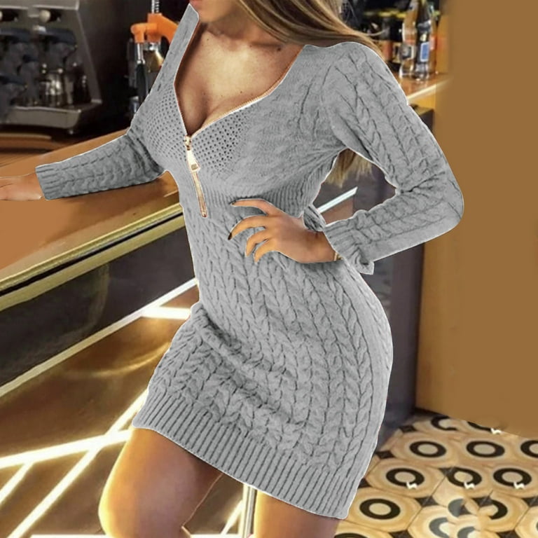Women Sweater Dress Half Zip V Neck Long Sleeve Solid Color Knit Women's  Dress Women's Sweater Dress Grey S