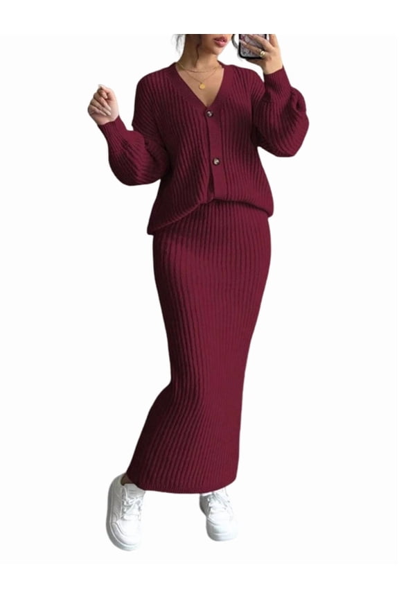Women Sweater Dress Knit Two Piece Maxi Skirt Sets Wine Red M