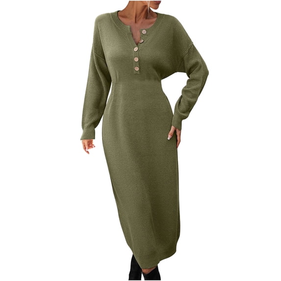 Women Sweater Dress Long Sleeve Button V Neck Oversized Casual Loose Fall Waffle Knit Long Dress Midi Dress for Women Bodycon Wrap Dress Green M
