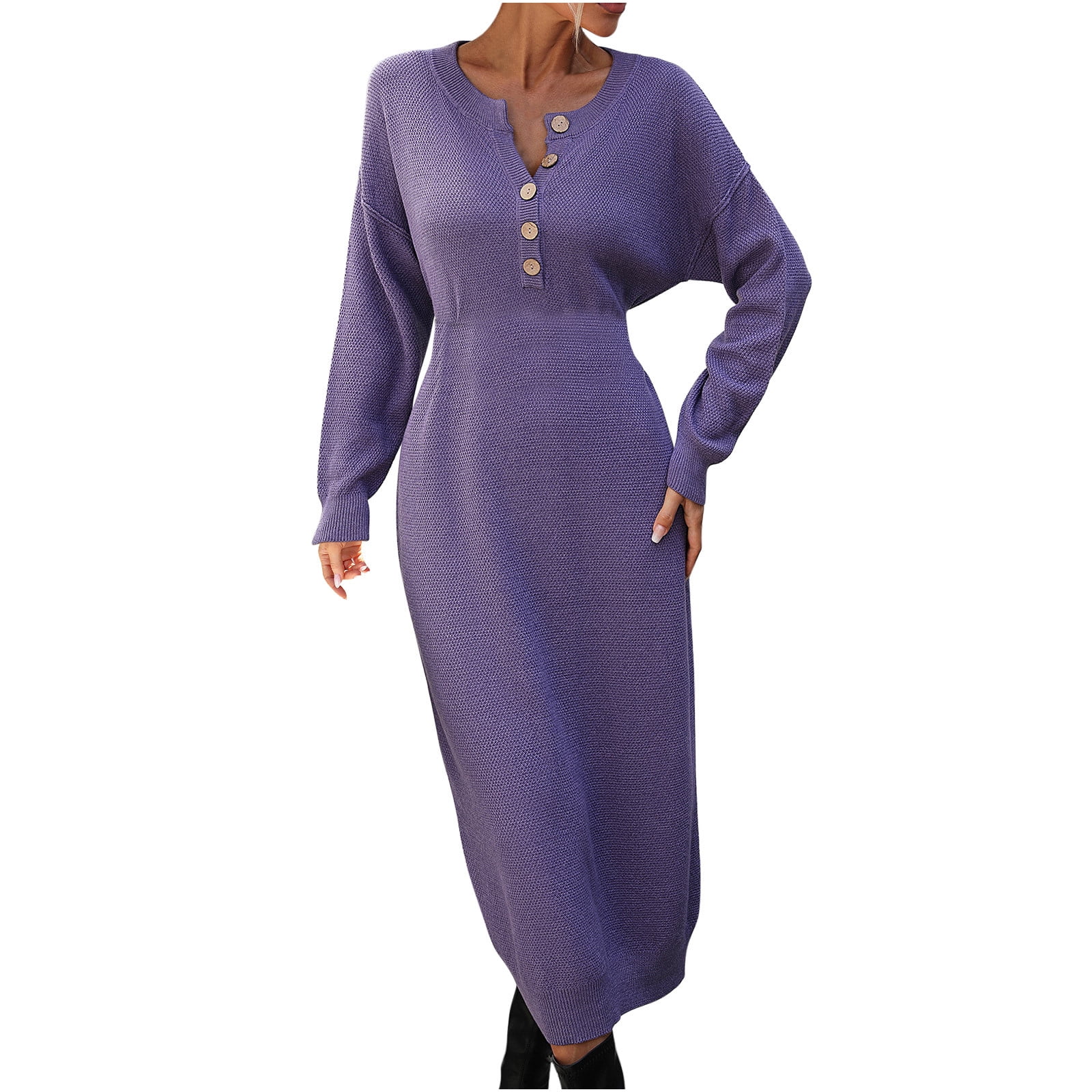 Mrat Women Sweater Dress Long Sleeve Button V Neck Oversized Casual Loose Fall Waffle Knit Long Dress Midi Dress for Women Bodycon Wrap Dress Purple L