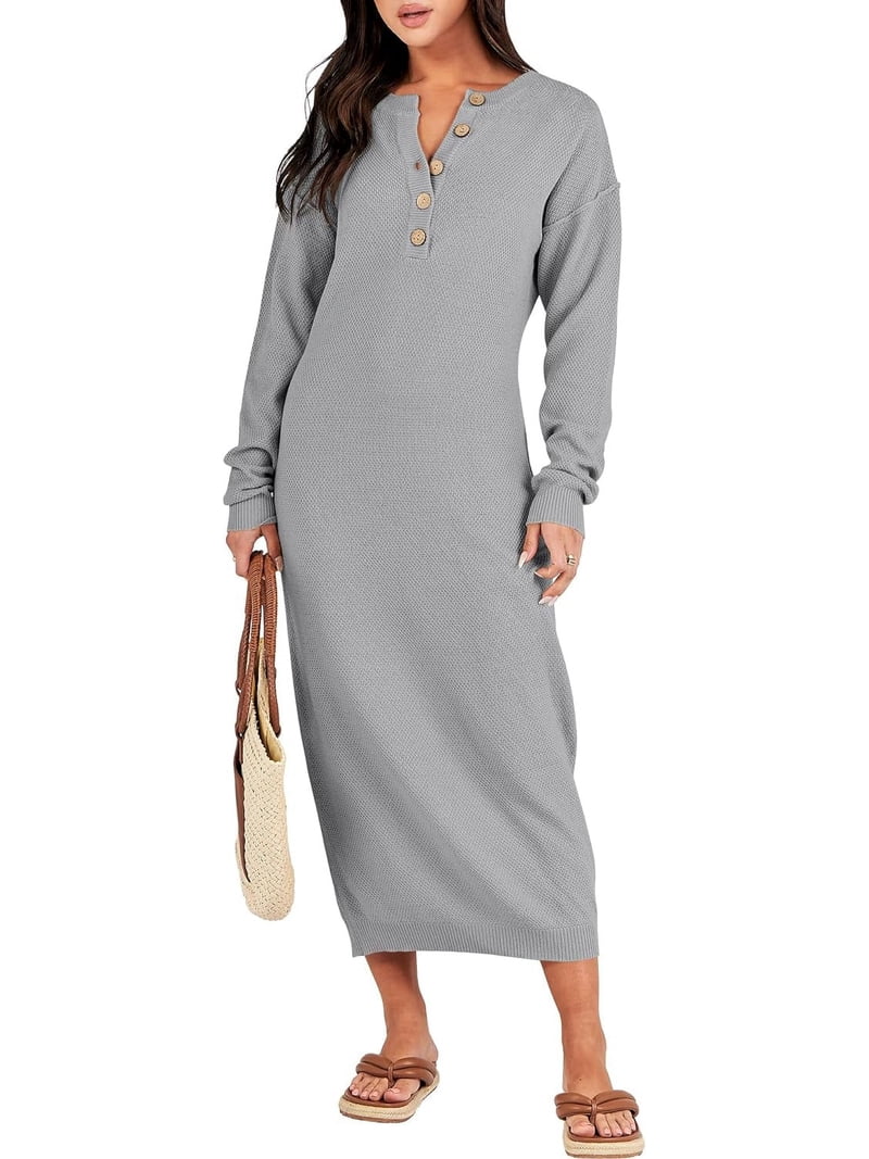 ILANKTOZI Women Sweater Dress Long Sleeve Button V Neck Oversized Casual Loose Fall Waffle Knit Long Dress, Women's, Size: XL, Gray