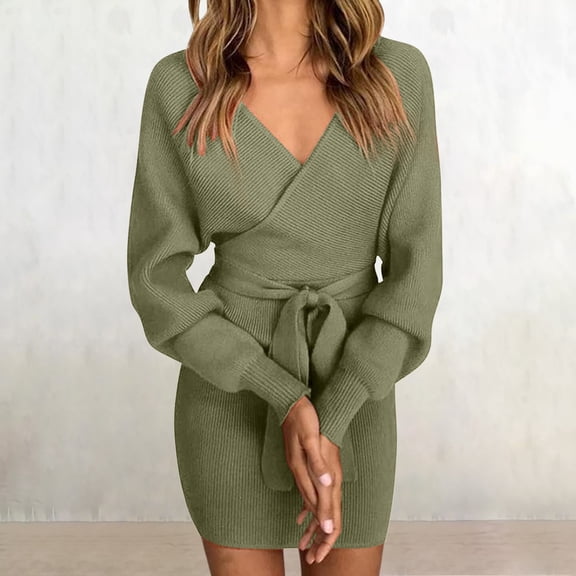 Women Sweater Dress Winter Long Sleeve V Neck Backless Knitted Wrap Bodycon Mini Party Belted Pullover Dresses Pregnancy Dresses for Summer Knee Length Summer Dresses Dressed Woman Sleeveless Dress