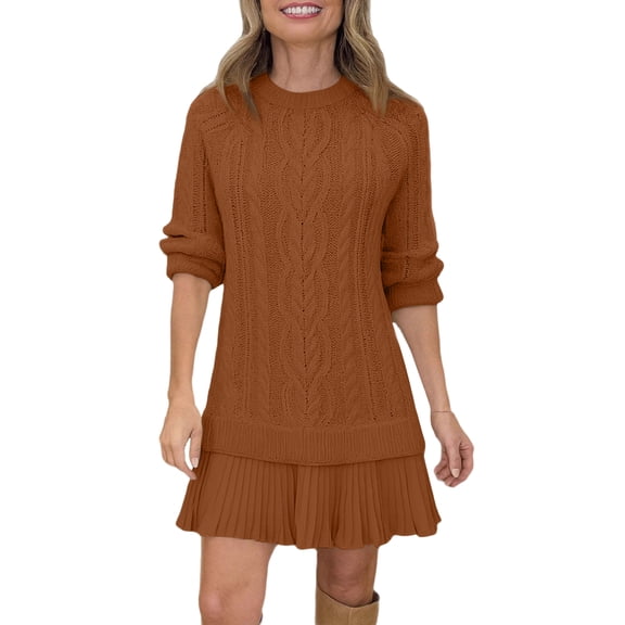 Women Sweater Dresses Cable Knit Sweater Dress Crewneck Long Sleeve Pleated Mini Dress Twofer Style Patchwork Dress