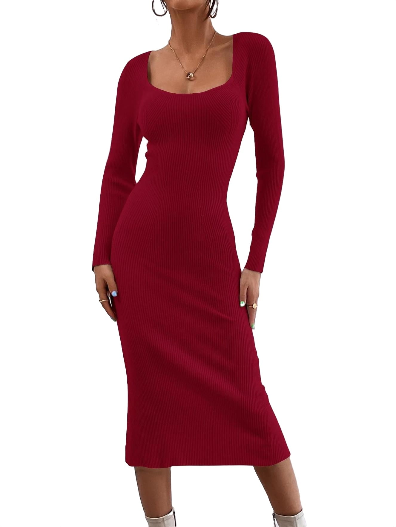 Women Sweater Dresses Plain Square Neck Casual Long Sleeve Burgundy S