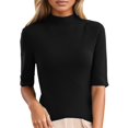 thumbnail image 1 of Women's Short Sleeve Mock Neck Sweater Soft Knit Fabric Ribbed Elbow-Length Sleeves Casual Top Black M, 1 of 9