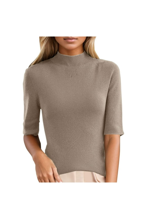 Women's Short Sleeve Mock Neck Sweater Top Turtleneck Dressy Pullover Knit Shirt Camel L