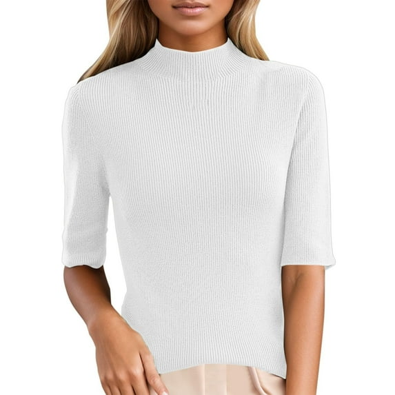 Women's Short Sleeve Mock Neck Sweater Top Turtleneck Dressy Pullover Knit Shirt White M