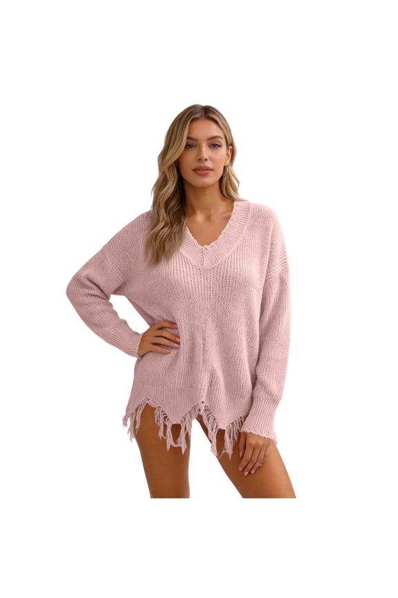 Women Sweater Fall Off The Shoulder V Neck Fringe Knit Pullover Long Sleeve Tops