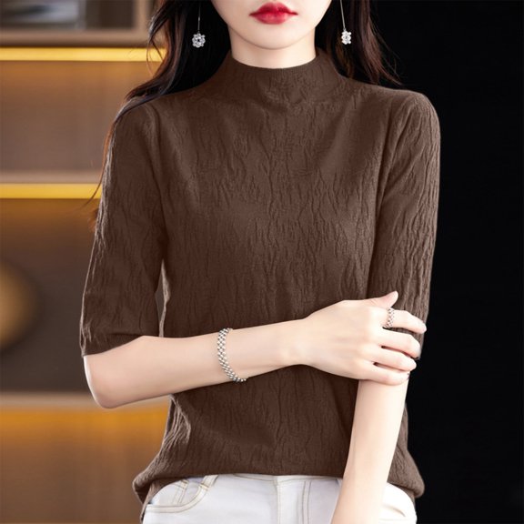 Women Sweater Fall Winter Semi High Neck Knitted Pullover Sweater Slim Fit Ribbed Texture Versatile Casual Blouse