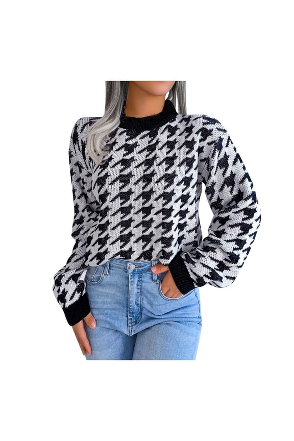 Women Sweater Geometry Color Block Knitwear Loose Relaxed Retro Half Turtleneck Pullover Long Sleeve Tops Streetwear