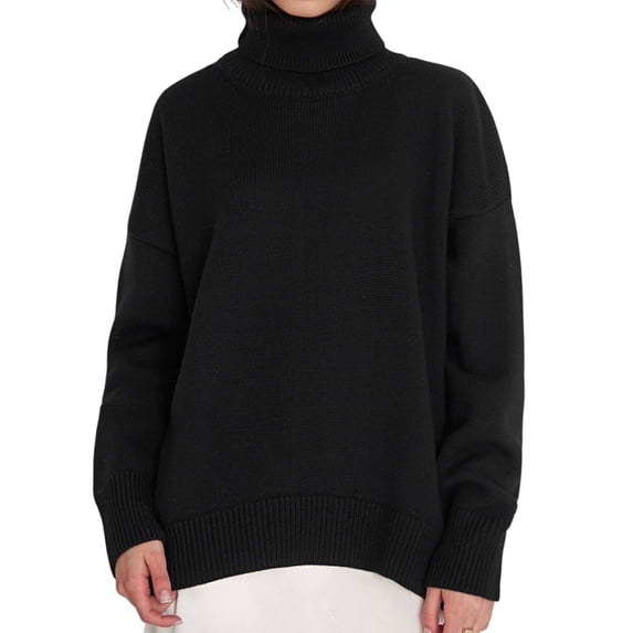 Women Sweater High Collar Long Sleeve Ribbed Trim Pullover Tops Loose Fit Solid Color Mid-length Knitting Tops