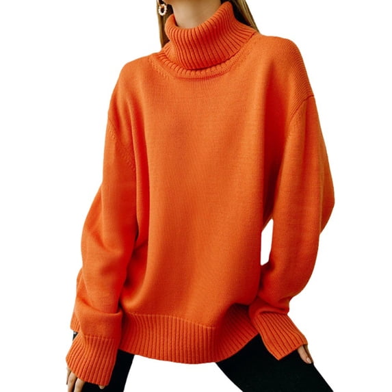 Women Sweater High Collar Long Sleeve Ribbed Trim Pullover Tops Loose Fit Solid Color Mid-length Knitting Tops