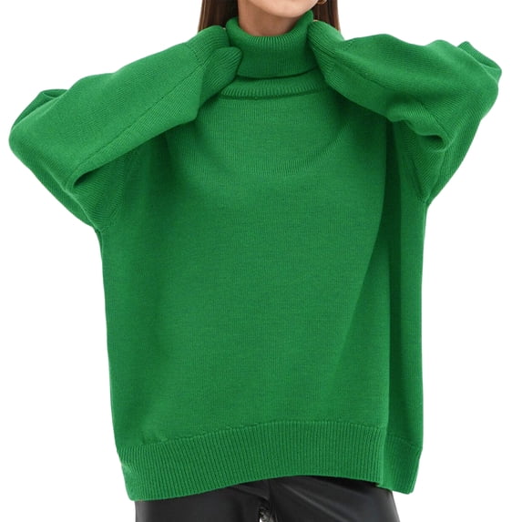 Women Sweater High Collar Long Sleeve Ribbed Trim Pullover Tops Loose Fit Solid Color Mid-length Knitting Tops