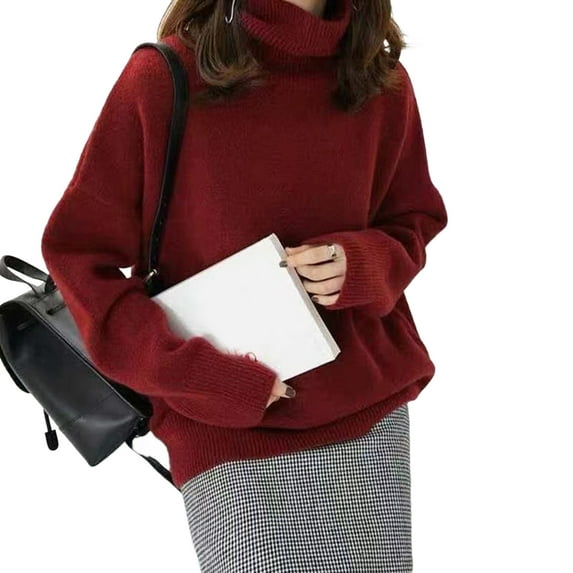 Women Sweater High Collar Long Sleeve Solid Color Knitting Tops Loose Fit Thickened Pullover Sweater Knitwear