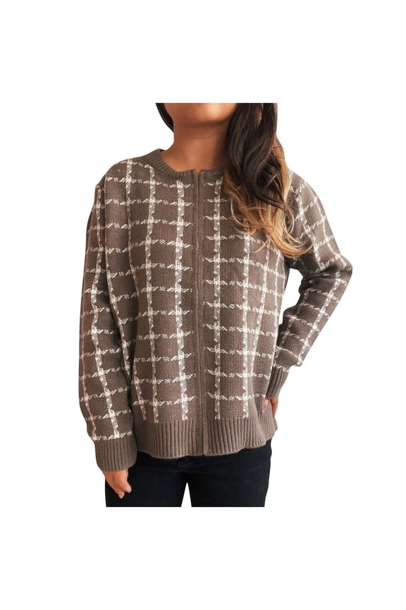 Women Sweater Jackets Chunky Cardigans Vintage Plaid Print Zipper Long Sleeve Loose Comfy Knit Sweaters Fall Coats