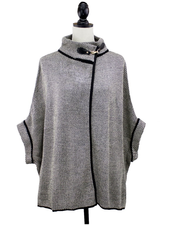 Women Sweater Knit Cape with Buckle Fashion Jacket Shawl Poncho (Black+White)