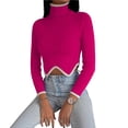 thumbnail image 1 of Women Sweater Knit Pullover Long Sleeve Turtleneck Contrast Color Irregular Hem Crop Top, 1 of 4