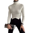 thumbnail image 1 of Women Sweater Knit Pullover Long Sleeve Turtleneck Contrast Color Irregular Hem Crop Top, 1 of 8
