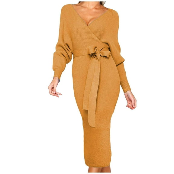 Women Sweater Midi Dress Autumn Winter Long Sleeve V Neck Solid Color Tie Waist Stylish Bodycon Midi Dresses
