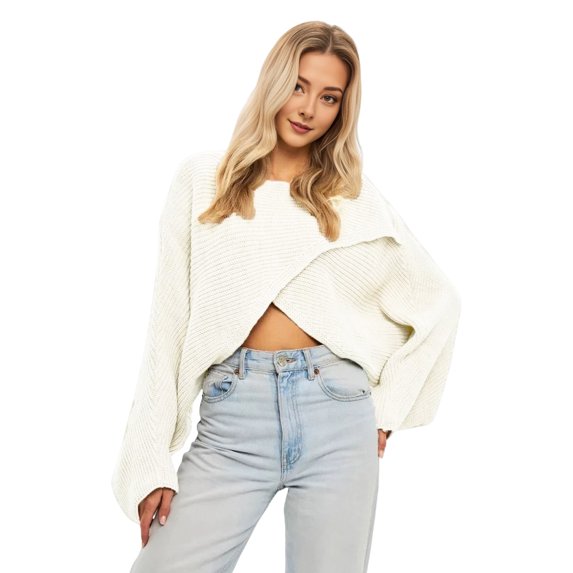 Women Sweater O-Neck Batwing Long Sleeve Solid Color Loose Fit Knitting Tops Exposed Navel Irregular Cross Sweater