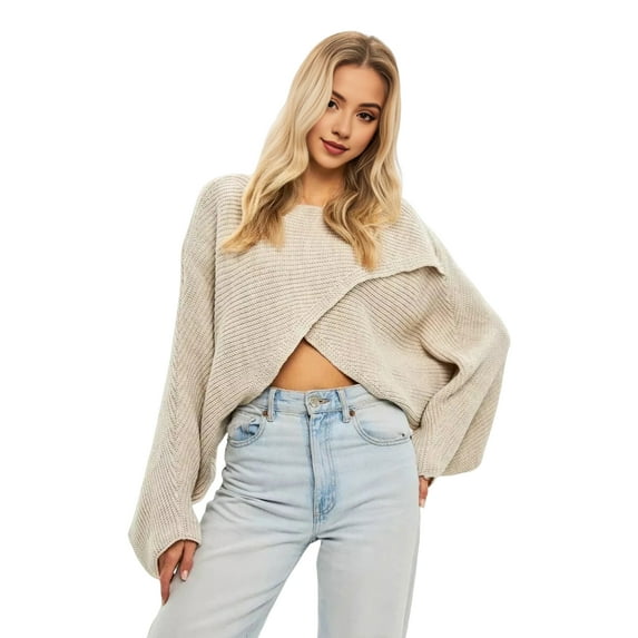 Women Sweater O-Neck Batwing Long Sleeve Solid Color Loose Fit Knitting Tops Exposed Navel Irregular Cross Sweater