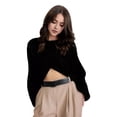 thumbnail image 1 of Women Sweater O-Neck Batwing Long Sleeve Solid Color Loose Fit Knitting Tops Exposed Navel Irregular Cross Sweater, 1 of 1