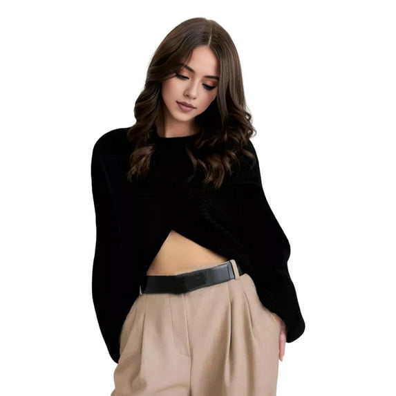Women Sweater O-Neck Batwing Long Sleeve Solid Color Loose Fit Knitting Tops Exposed Navel Irregular Cross Sweater