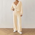 thumbnail image 1 of Women Sweater Outfits V Neck Button Front Knit Cardigan Wide Leg Pants Set Drawstring Ribbed Knitwear Casual Loungewear Two Piece Outfit Beige S, 1 of 6