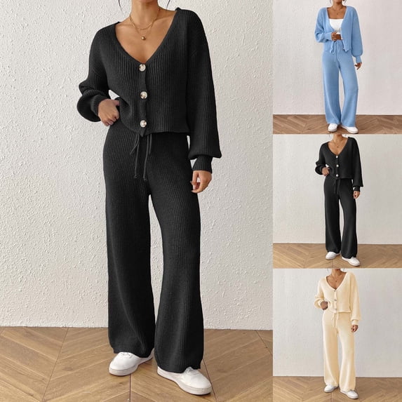 Women Sweater Outfits V Neck Button Front Knit Cardigan Wide Leg Pants Set Drawstring Ribbed Knitwear Casual Loungewear Two Piece Outfit Black M