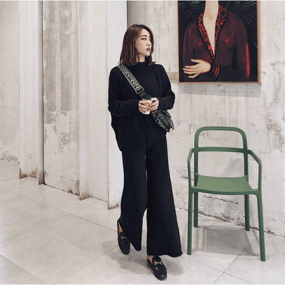 Women Sweater Set 2 Piece Knit Sweatsuit Turtleneck Sweater Top and Wide Leg Pant Lounge Outfits