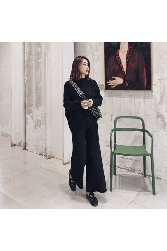 Women Sweater Set 2 Piece Knit Sweatsuit Turtleneck Sweater Top and Wide Leg Pant Lounge Outfits