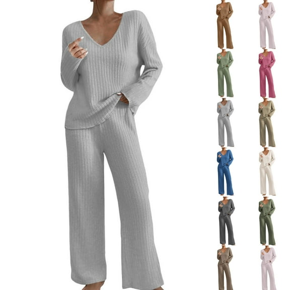 Women Sweater Sets 2 Piece Dressy V Neck Long Sleeve Knit Sweater Workout Gym Travel Matching Vacation Wide Leg Pants Sweatsuit Fall Lounge Wear