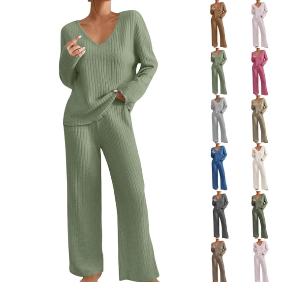 Women Sweater Sets 2 Piece Dressy V Neck Long Sleeve Knit Sweater Workout Gym Travel Matching Vacation Wide Leg Pants Sweatsuit Fall Lounge Wear