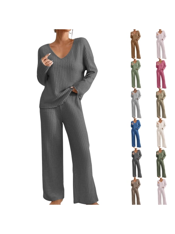 Women Sweater Sets 2 Piece Dressy V Neck Long Sleeve Knit Sweater Workout Gym Travel Matching Vacation Wide Leg Pants Sweatsuit Fall Lounge Wear