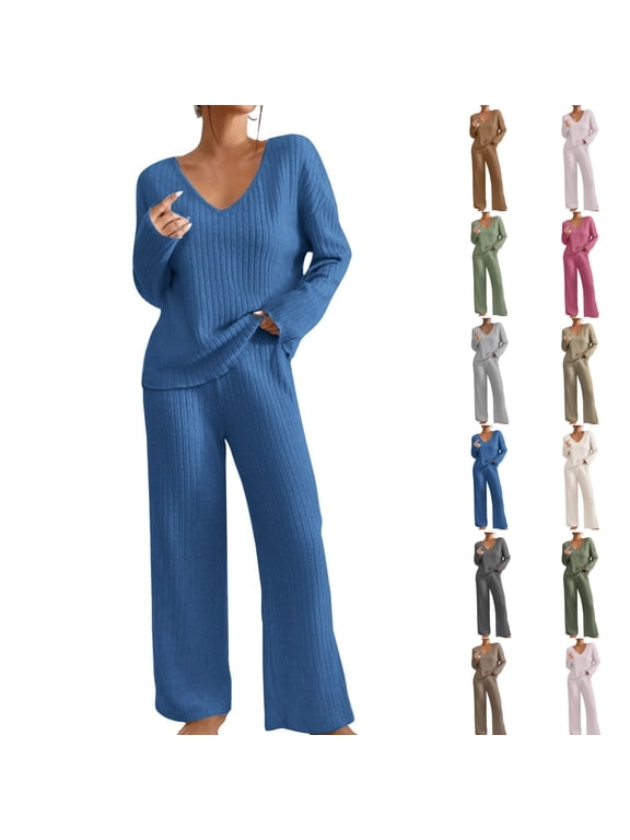 Women Sweater Sets 2 Piece Dressy V Neck Long Sleeve Knit Sweater Workout Gym Travel Matching Vacation Wide Leg Pants Sweatsuit Fall Lounge Wear