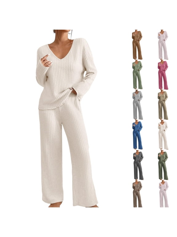 Women Sweater Sets 2 Piece Dressy V Neck Long Sleeve Knit Sweater Workout Gym Travel Matching Vacation Wide Leg Pants Sweatsuit Fall Lounge Wear