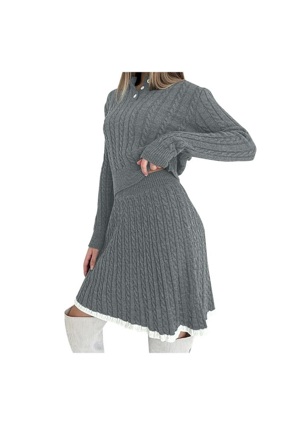 Women Sweater Sets 2 Piece Spring Knit Outfit Long Sleeve Crewneck Sweater Top and A Line Mini Skirt Set Loungewear