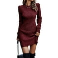 thumbnail image 1 of Women Sweater Short Elegant Long Sleeve Crew Neck Slim Fit Dressy Fall Winter Mini Knit Dresses Wine Red M, 1 of 7